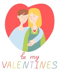 Cute card for Valentine's Day, hand draw lesbian, bi couple with lettering be my valentines.