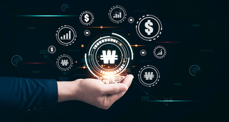 Human hands holding coin with Currency Icon. Investment growth concept.Korean Won,Dollar.