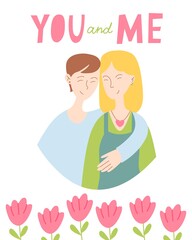 Cute card for Valentine's Day, hand draw cute lesbian, bi couple with flower and lettering YOU and ME.