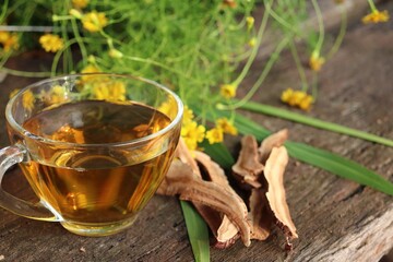 Hot tea on cup and Ganoderma lucidum - Ling zhi mushroom. on wood background