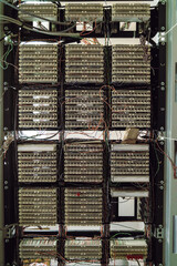 Equipment of network server room for digital tv ip communications and internet. Close-up.