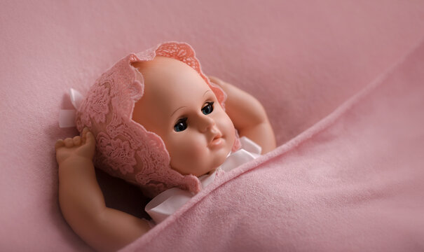 Baby doll toy photodraphed in a newborn style. Wrapped in pink woolen fabric and lacy cap