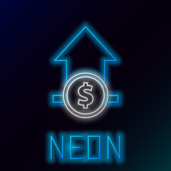 Glowing neon line Financial growth and coin icon isolated on black background. Increasing revenue. Colorful outline concept. Vector