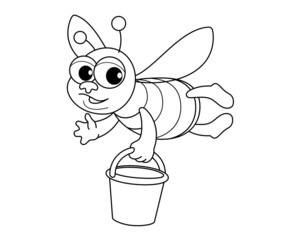 
Black and white image, the bee collects honey. Coloring for children. Isolated background.