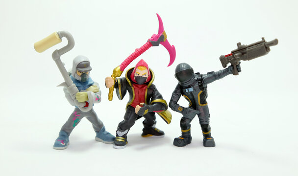 Fortnite. Toys from the video game by Epic Games. Free Battle Royale with different game modes for all types of players. Survival game. Action figures  Dark Voyager, Drift, Abstrakt