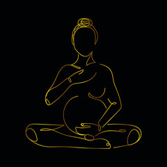 meditating pregnant woman, golden line art illustration - 482363552