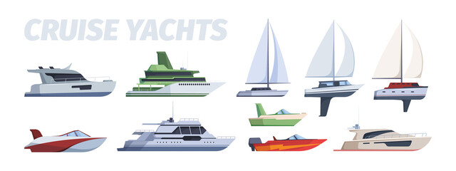 Travel boat. Ocean cruise yacht side view luxury ship garish vector pictures collection
