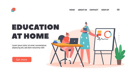 Education Home Landing Page Template. Mother Character Help Daughter with Homework. Child Sitting at Table with Laptop