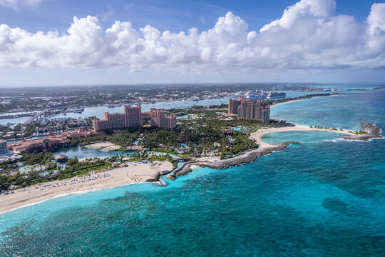 The drone panoramic view of Paradise Island, Nassau, Bahamas.