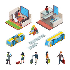 Metro trains. Urban underground metropoliten isometric items inside rail trains interior with places for voyagers with luggage garish vector metro trevellers