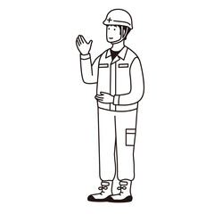 作業着を着た男性のシンプルなイラスト　案内をする仕草