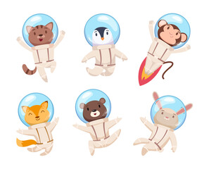 Animals astronauts. Cute pets in space helmets universe travelling dogs bear foxes exact vector cartoon animals