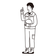 作業着を着た男性のシンプルなイラスト 指差しポーズ