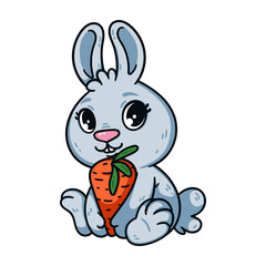 Cute little easter bunny with carrot. Rabbit the symbol of 2023 chinese new year. Hare with big eyes and vegetable. Farm animal vector illustration isolated white background. Domestic pet cartoon art.