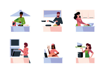 Family cooking. Mother father and children making food together in kitchen chefs baking garish vector flat concept illustrations