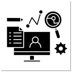 Computer glyph icon.Visual assistant technical equipment. Examination, analysis issues. Consultation for clients. Small business owner concept.Filled flat sign. Isolated silhouette vector illustration