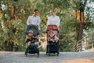 Two women friends walking with baby prams and their kids in park