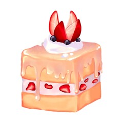 Cake with strawberry and cream topping hand drawn illustration design