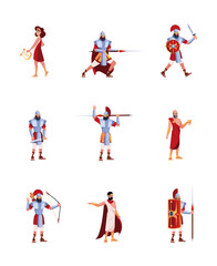 Fototapeta na wymiar Ancient characters. Rome or greece warriors and writers medieval clothes gladiator legion soldiers garish vector flat characters isolated on white