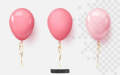 Realistic glossy, mats and transparent pink balloons and gold, golden ribbons. Vector illustration for card, party, design, flyer, poster, decor, banner, web, advertising.  © vector zėfirkã