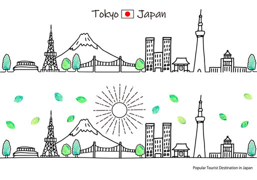 夏の東京の観光地の街並みと太陽のシンプル線画セット