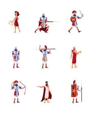 Ancient characters. Rome or greece warriors and writers medieval clothes gladiator legion soldiers garish vector flat characters isolated on white