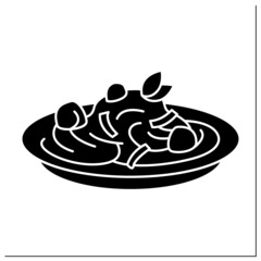 Pasta recipes glyph icon. Cajun chicken pasta. Tasty dish with chicken breast and cream sauce. Food trends concept. Filled flat sign. Isolated silhouette vector illustration