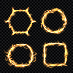 Electric circles. Geometric shapes with glowing light futuristic effect charging thunderbolt shock machines with power energy holes portal decent vector realistic templates