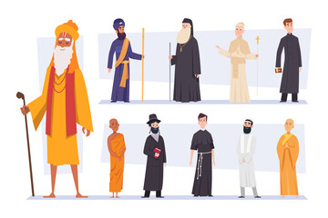 Religion peoples. Spiritual leaders religion guru of various confession christianity hindus monk arabic priests exact vector flat colored persons