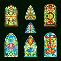 Stained glass windows. Church cathedral decorative transparent colored windows frame with piece glasses beautiful medieval sacramental architectural