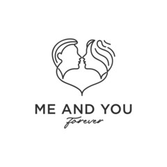 boy and girl couple logo design in heart with line art style design