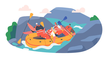 Rafting Sport, Sportsmen Rowing in Rubber Inflatable Boat Down the Rocky Mountain River. Wild Nature and Water Fun