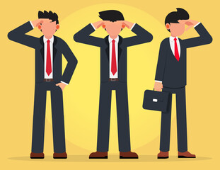 group of concentrated businessmen stood looking holding his hand above the eyes. Business vision perspective planning concept. Flat style vector illustration isolated on yellow background.