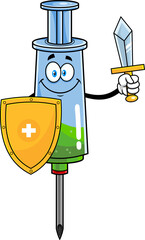 Medical Syringe Vaccine Cartoon Character Holding Up A Sword And Shield. Vector Hand Drawn Illustration Isolated On Transparent Background