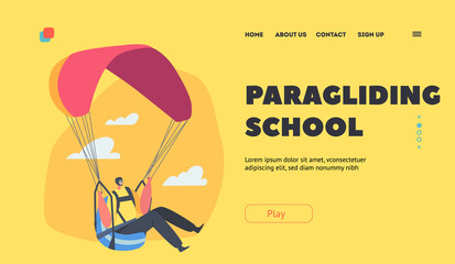 Paragliding School Landing Page Template. Skydiving, Extreme Recreation. Skydiver Character Jumping with Parachute