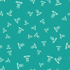 Green Cat scratching post with toy icon isolated seamless pattern on green background. Vector