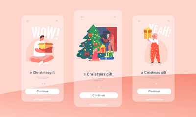 Christmas Gifts Mobile App Page Onboard Screen Template. Happy Family Celebration, Kids Open Presents, Celebrate Eve