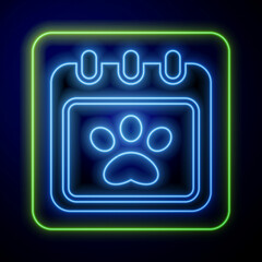 Glowing neon Calendar grooming icon isolated on blue background. Event reminder symbol. Vector
