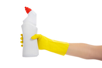 hand in yellow rubber glove holding bottle with toilet cleaner isolated on white background