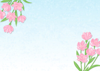 Fototapeta premium ピンクの花と青空の背景 背景素材 ベクターイラスト