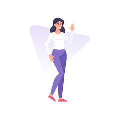 Cheerful young brunette woman greeting waving hand with positive emotion vector flat illustration