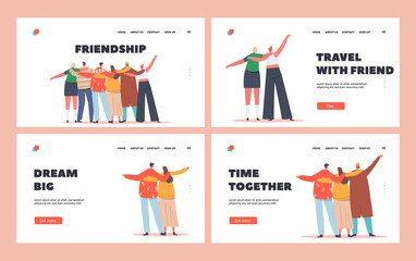 Friendship Day Celebration Landing Page Template Set. Hugs with Friends Rear View. Multiracial Characters Hugging