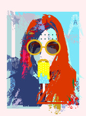Funky girl with colorful hair and sunglasses eating ice cream. Retro pop art culture background 