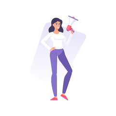 Smiling young business woman holding megaphone for voice loud advertising vector flat illustration