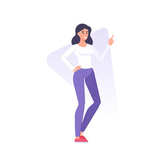 Fototapeta na wymiar Happy young casual woman pointing forefinger idea gesture promo advertising vector flat illustration