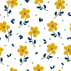 Seamless vintage pattern. Yellow flowers, blue leaves and dots. White background. vector texture. fashionable print for textiles, wallpaper and packaging.