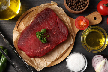 Concept of tasty food with raw beef steak, top view