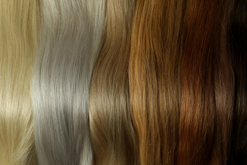 Different color female hair on whole background, close up
