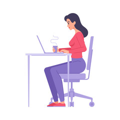 Confident business woman working use laptop sitting at desk with hot tea coffee beverage side view