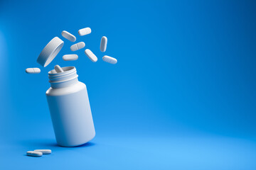 White pills from plastic medicine bottle on blue background with copy space. Medicine and health concept. 3d rendering.